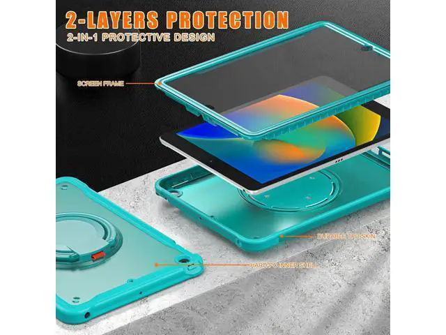 Alt view image 4 of 7 - Ultimate Protection Case for iPad 10.2 Inch 9th / 8th / 7th Generation (2021/2020 / 2019) Sturdy Shockproof Tablet Cover with 360° Rotatable Kickstand & Shoulder Strap/Pencil Holder, Blue