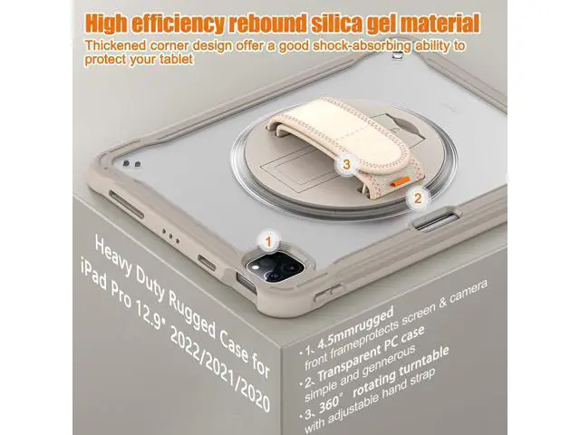 Alt view image 2 of 7 - Ultimate Case for iPad Pro 12.9-inch 2022 6th M2 /2021 (5rd Generation) / iPad Pro 12.9" 4th/3rd Gen Rugged Shockproof Tablet Cover with 360° Rotatable Kickstand & Shoulder Strap, Khaki