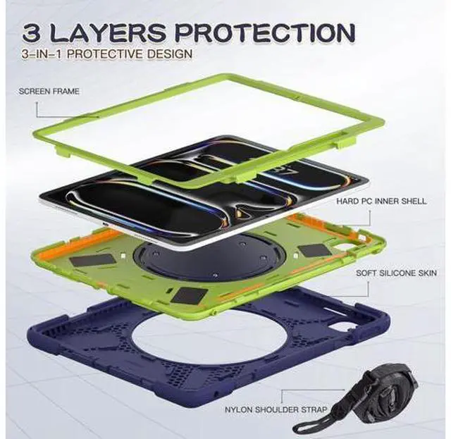 Alt view image 3 of 7 - for iPad Pro 13 inch Case (2024) M4 Chip Model A2925/A2926 Heavy Duty Rugged Durability Silicone Tablet Cover with 360° Rotating Ring Foldable Kickstand & Shoulder Strap, Purple