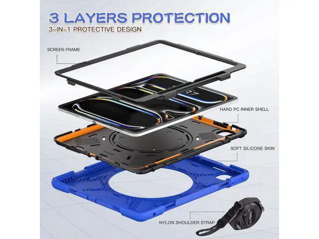 Alt view image 3 of 7 - for iPad Pro 13 inch Case (2024) M4 Chip Model A2925/A2926 Heavy Duty Rugged Durability Silicone Tablet Cover with 360° Rotating Ring Foldable Kickstand & Shoulder Strap, Blue