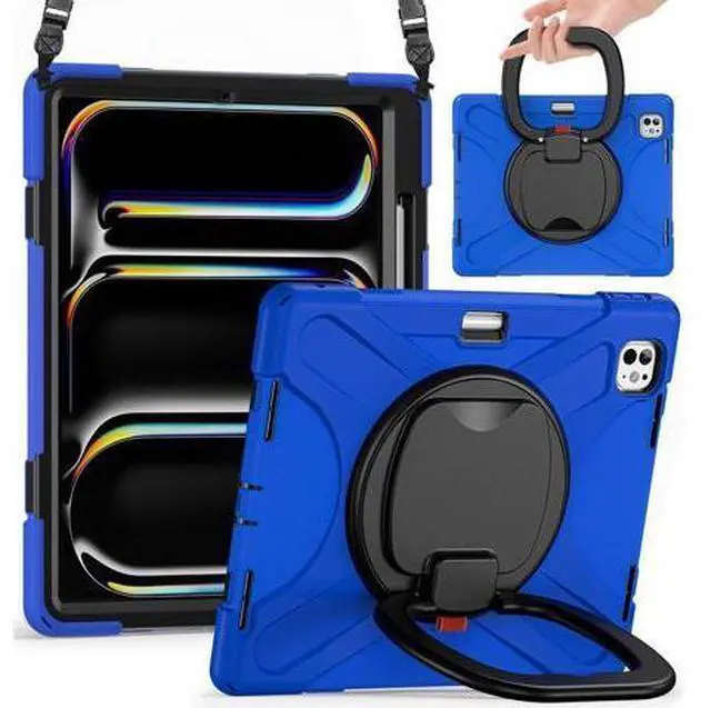Main image of for iPad Pro 13 inch Case (2024) M4 Chip Model A2925/A2926 Heavy Duty Rugged Durability Silicone Tablet Cover with 360° Rotating Ring Foldable Kickstand & Shoulder Strap, Blue