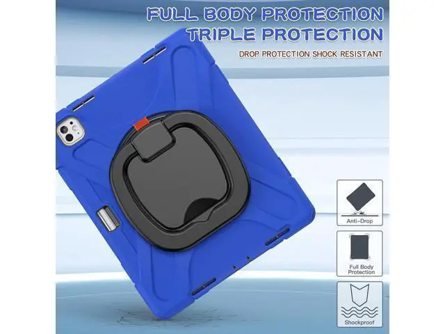 Alt view image 4 of 7 - for iPad Pro 13 inch Case (2024) M4 Chip Model A2925/A2926 Heavy Duty Rugged Durability Silicone Tablet Cover with 360° Rotating Ring Foldable Kickstand & Shoulder Strap, Blue