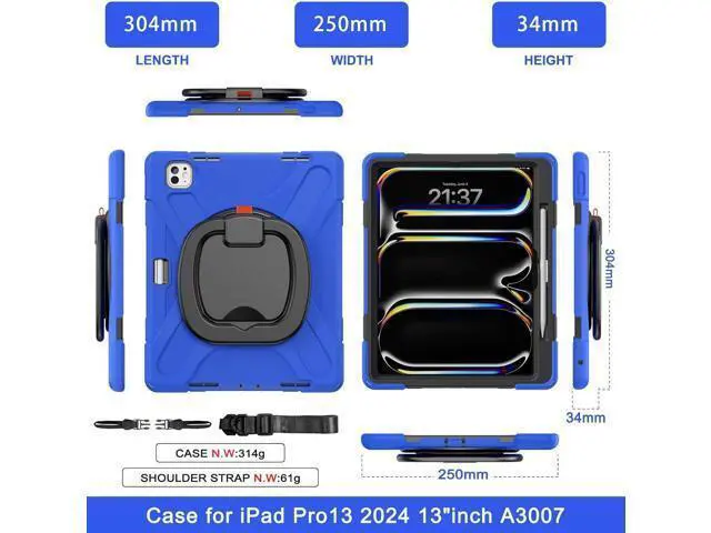 Alt view image 5 of 7 - for iPad Pro 13 inch Case (2024) M4 Chip Model A2925/A2926 Heavy Duty Rugged Durability Silicone Tablet Cover with 360° Rotating Ring Foldable Kickstand & Shoulder Strap, Blue