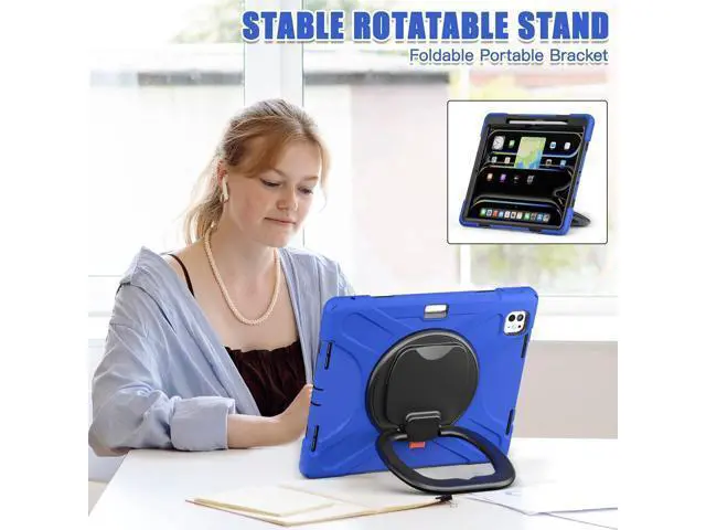 Alt view image 6 of 7 - for iPad Pro 13 inch Case (2024) M4 Chip Model A2925/A2926 Heavy Duty Rugged Durability Silicone Tablet Cover with 360° Rotating Ring Foldable Kickstand & Shoulder Strap, Blue