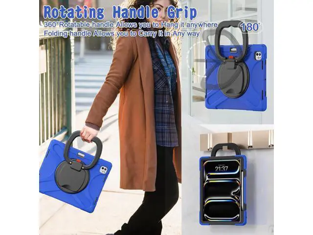 Alt view image 7 of 7 - for iPad Pro 13 inch Case (2024) M4 Chip Model A2925/A2926 Heavy Duty Rugged Durability Silicone Tablet Cover with 360° Rotating Ring Foldable Kickstand & Shoulder Strap, Blue