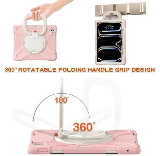 Alt view image 2 of 7 - for iPad Pro 13-inch Case (2024) M4 Chip Model A2925 Heavy Duty Rugged Durability Silicone Tablet Cover with 360° Rotating Ring Foldable Kickstand & Shoulder Strap, Pink