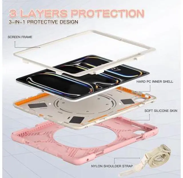 Alt view image 3 of 7 - for iPad Pro 13-inch Case (2024) M4 Chip Model A2925 Heavy Duty Rugged Durability Silicone Tablet Cover with 360° Rotating Ring Foldable Kickstand & Shoulder Strap, Pink