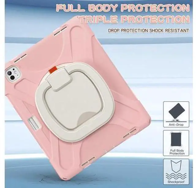 Alt view image 4 of 7 - for iPad Pro 13-inch Case (2024) M4 Chip Model A2925 Heavy Duty Rugged Durability Silicone Tablet Cover with 360° Rotating Ring Foldable Kickstand & Shoulder Strap, Pink