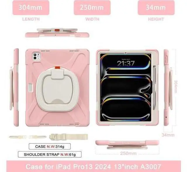 Alt view image 5 of 7 - for iPad Pro 13-inch Case (2024) M4 Chip Model A2925 Heavy Duty Rugged Durability Silicone Tablet Cover with 360° Rotating Ring Foldable Kickstand & Shoulder Strap, Pink