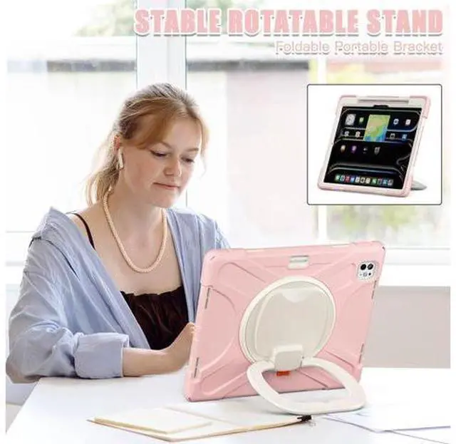Alt view image 6 of 7 - for iPad Pro 13-inch Case (2024) M4 Chip Model A2925 Heavy Duty Rugged Durability Silicone Tablet Cover with 360° Rotating Ring Foldable Kickstand & Shoulder Strap, Pink