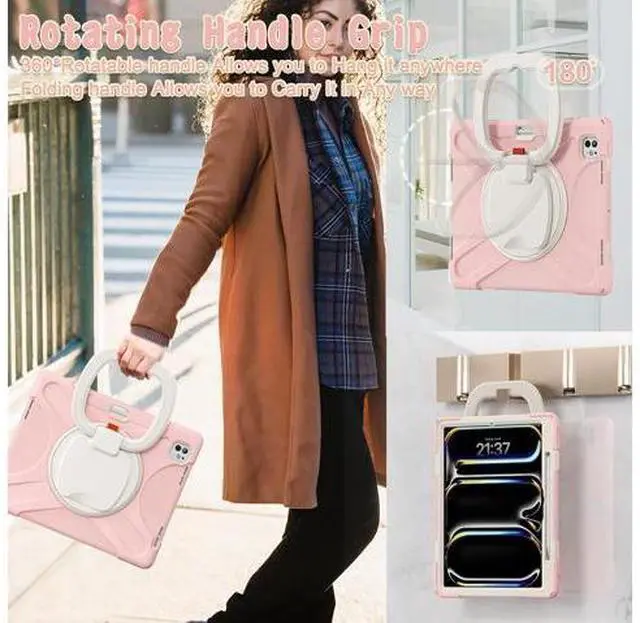 Alt view image 7 of 7 - for iPad Pro 13-inch Case (2024) M4 Chip Model A2925 Heavy Duty Rugged Durability Silicone Tablet Cover with 360° Rotating Ring Foldable Kickstand & Shoulder Strap, Pink
