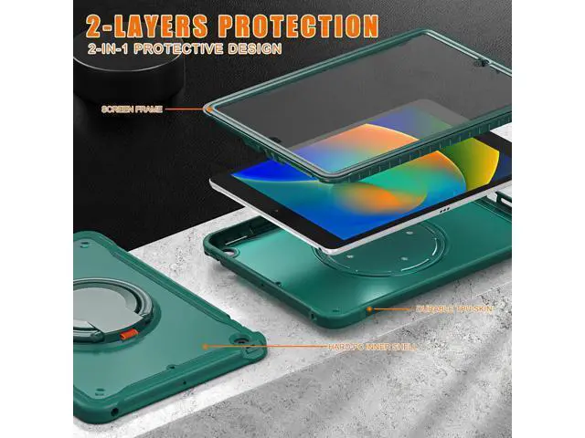 Alt view image 4 of 7 - Ultimate Protection Case for iPad 10.2 Inch 9th / 8th / 7th Generation (2021/2020 / 2019) Sturdy Shockproof Tablet Cover with 360° Rotatable Kickstand & Shoulder Strap/Pencil Holder, Teal