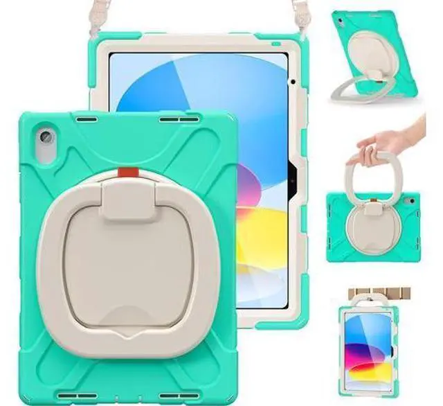 Main image of New iPad 10th Generation Case 2022 Release 10.9 Inch A2696 A2757 A2777-Shockproof Silicone Cover with Screen Protector/Pencil Holder/Rotating Handle Grip/Kickstand/Shoulder Strap, Mint Green