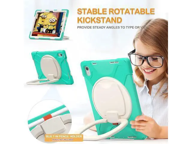 Alt view image 3 of 7 - New iPad 10th Generation Case 2022 Release 10.9 Inch A2696 A2757 A2777-Shockproof Silicone Cover with Screen Protector/Pencil Holder/Rotating Handle Grip/Kickstand/Shoulder Strap, Mint Green