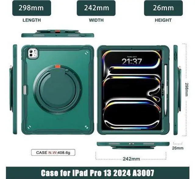 Alt view image 2 of 7 - iPad Pro 13 inch Case 2024 M4 Chip Lightweight Dual-Layer Protective Tablet Cover, Durable Shock-Absorbing Corners with 360° Rotating Retractable Kickstand Ring Built-in Pen Slot, Teal