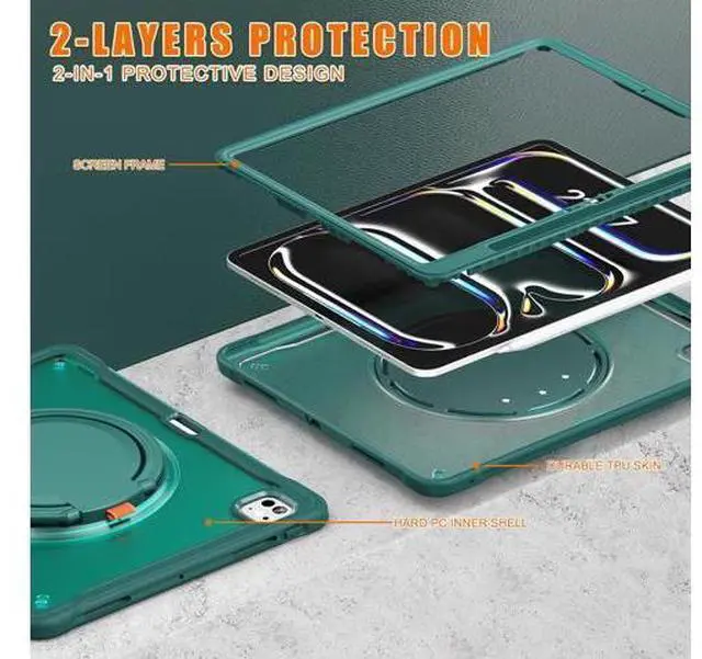 Alt view image 3 of 7 - iPad Pro 13 inch Case 2024 M4 Chip Lightweight Dual-Layer Protective Tablet Cover, Durable Shock-Absorbing Corners with 360° Rotating Retractable Kickstand Ring Built-in Pen Slot, Teal