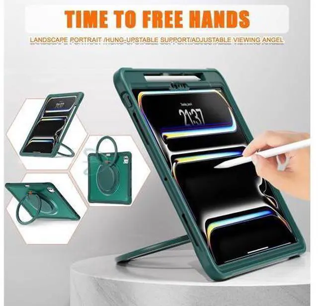 Alt view image 6 of 7 - iPad Pro 13 inch Case 2024 M4 Chip Lightweight Dual-Layer Protective Tablet Cover, Durable Shock-Absorbing Corners with 360° Rotating Retractable Kickstand Ring Built-in Pen Slot, Teal