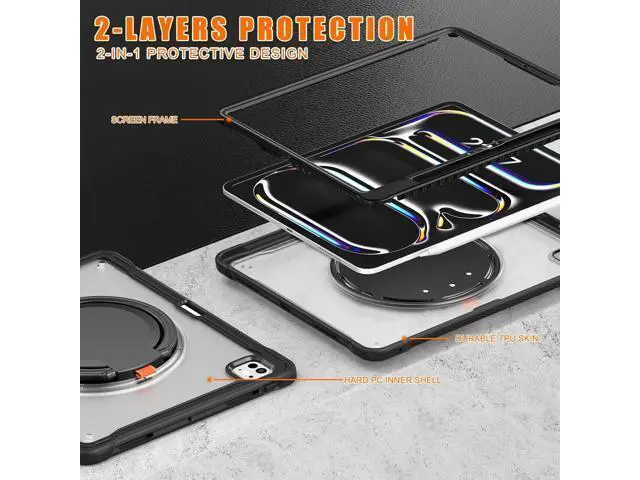 Alt view image 3 of 7 - iPad Pro 13 inch Case 2024 M4 Chip Lightweight Dual-Layer Protective Tablet Cover, Durable Shock-Absorbing Corners with 360° Rotating Retractable Kickstand Ring Built-in Pen Slot, Black