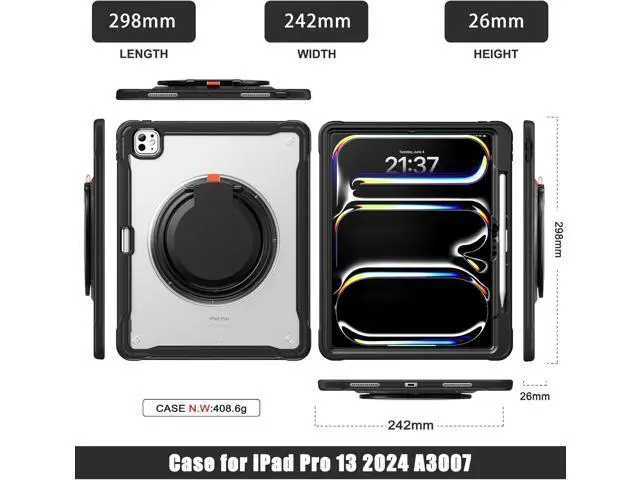 Alt view image 2 of 7 - iPad Pro 13 inch Case 2024 M4 Chip Lightweight Dual-Layer Protective Tablet Cover, Durable Shock-Absorbing Corners with 360° Rotating Retractable Kickstand Ring Built-in Pen Slot, Black