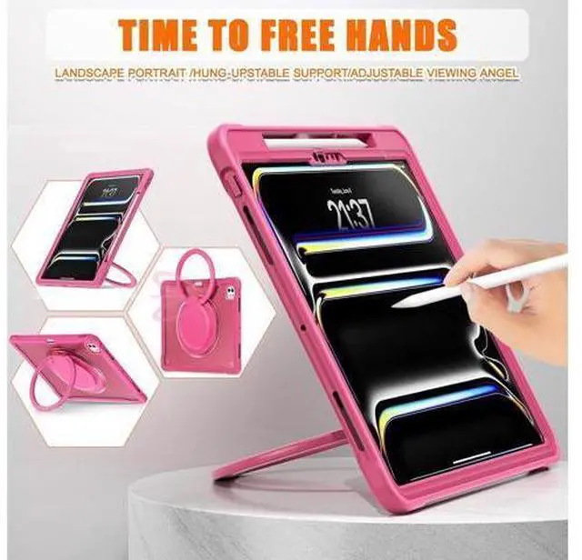 Alt view image 6 of 7 - iPad Pro 11 inch Case 2024 M4 Chip Lightweight Dual-Layer Protective Tablet Cover, Durable Shock-Absorbing Corners with 360° Rotating Retractable Kickstand Ring Built-in Pen Slot, Pink