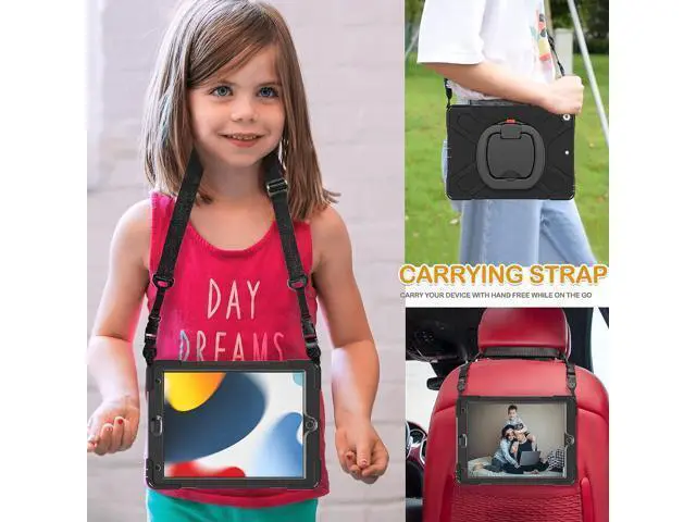 Alt view image 5 of 7 - iPad 9th Generation Case New 2021 10.2 Inch Hybrid Rugged Shockproof Silicone Cover with Kickstand, Pencil Holder, Handle Grip and Shoulder Strap, Compatible with iPad 9th/8th/7th Gen, Black