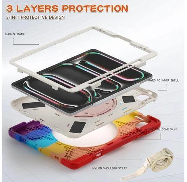 Alt view image 3 of 7 - for iPad Pro 13-inch Case (2024) M4 Chip Model A2925 Heavy Duty Rugged Durability Silicone Tablet Cover with 360° Rotating Ring Foldable Kickstand & Shoulder Strap, Sea Green