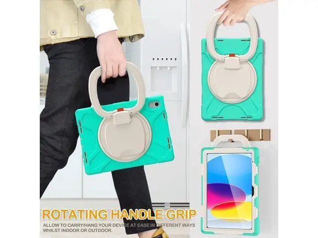 Alt view image 4 of 7 - New iPad 10th Generation Case 2022 Release 10.9 Inch A2696 A2757 A2777-Shockproof Silicone Cover with Screen Protector/Pencil Holder/Rotating Handle Grip/Kickstand/Shoulder Strap, Mint Green