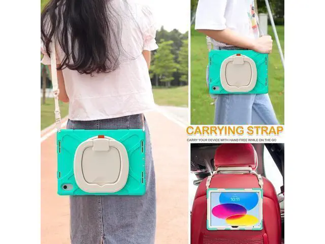 Alt view image 5 of 7 - New iPad 10th Generation Case 2022 Release 10.9 Inch A2696 A2757 A2777-Shockproof Silicone Cover with Screen Protector/Pencil Holder/Rotating Handle Grip/Kickstand/Shoulder Strap, Mint Green