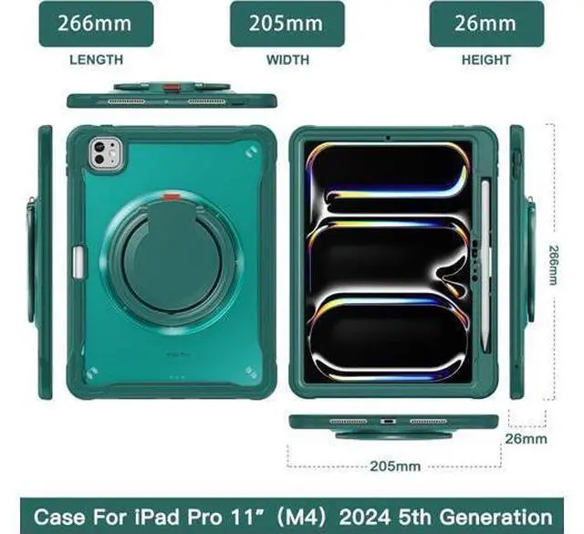Alt view image 2 of 7 - iPad Pro 11 inch Case 2024 M4 Chip Lightweight Dual-Layer Protective Tablet Cover, Durable Shock-Absorbing Corners with 360° Rotating Retractable Kickstand Ring Built-in Pen Slot, Teal