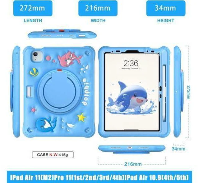 Alt view image 2 of 7 - Kids Case for iPad Air 11 inch 2024 Cute 3D Dolphin Design Multi-Layer Protection, 360° Rotating Kickstand, Built-in Pen Slot, Shock-Absorbing Corners, Easy Installation for Safe and Fun Use