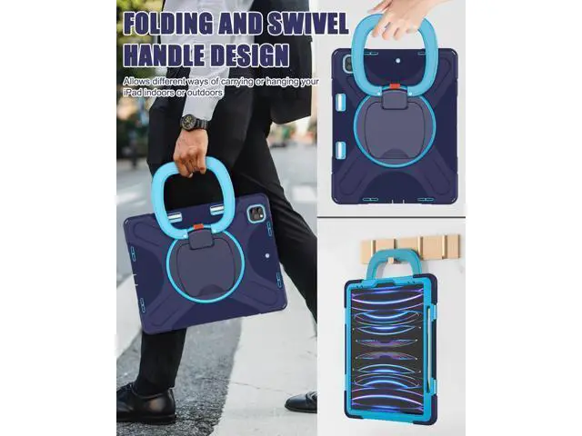 Alt view image 4 of 7 - iPad Pro 12.9 Case 2022/2021/2020/2018: Heavy Duty Shockproof Cover for iPad Pro 12.9 Inch 6th/5th/4th/3rd Generation- Pencil Holder/Rotating Handle Grip/Stable Kickstand/Shoulder Strap, Navy