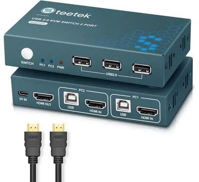 Main image of KVM Switch 1 Monitor 2 Computers with 4K@60Hz Ultra HD Resolution, HDMI KVM Switch 3 USB 2.0 Hub, 2 Port KVM Switch Support Button Switch, 2 HDMI Cables & 2 USB Cables Included