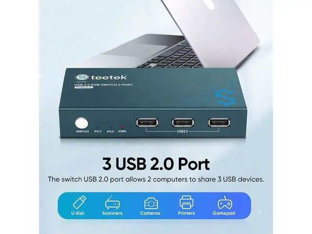 Alt view image 4 of 7 - KVM Switch 1 Monitor 2 Computers with 4K@60Hz Ultra HD Resolution, HDMI KVM Switch 3 USB 2.0 Hub, 2 Port KVM Switch Support Button Switch, 2 HDMI Cables & 2 USB Cables Included