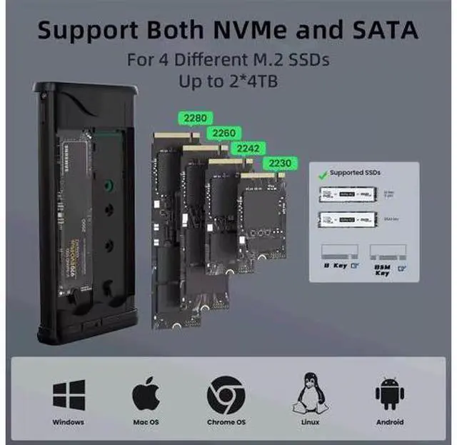 Alt view image 3 of 7 - Dual M.2 NVMe with SATA SSD Enclosure, USB C to M2 Adapter for M Key PCIe & B+M Key 2230/2242/2260/2280 M.2 SSDs, Tool-Free Installation M.2 Reader Support Trim and UASP up to 2x4TB