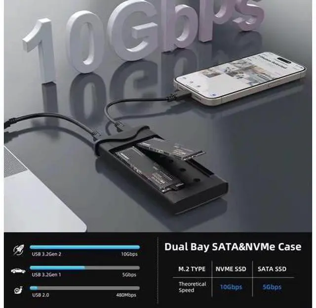 Alt view image 4 of 7 - Dual M.2 NVMe with SATA SSD Enclosure, USB C to M2 Adapter for M Key PCIe & B+M Key 2230/2242/2260/2280 M.2 SSDs, Tool-Free Installation M.2 Reader Support Trim and UASP up to 2x4TB
