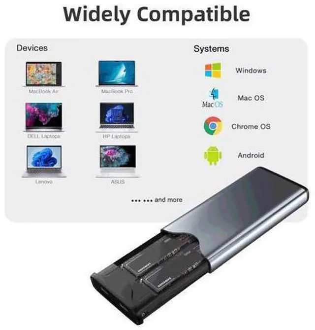 Alt view image 6 of 7 - Dual M.2 NVMe with SATA SSD Enclosure, USB C to M2 Adapter for M Key PCIe & B+M Key 2230/2242/2260/2280 M.2 SSDs, Tool-Free Installation M.2 Reader Support Trim and UASP up to 2x4TB