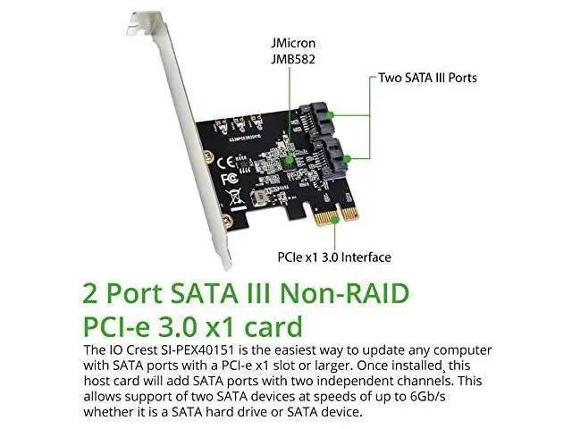 Alt view image 2 of 5 - IO CREST 2 Port SATA III PCI-e 3.0 x1 Non-RAID Controller Card Jmicro Chipset SI-PEX40148