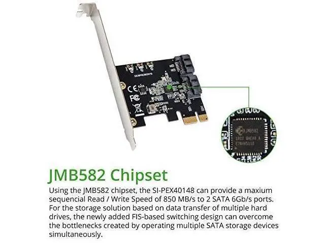 Alt view image 4 of 5 - IO CREST 2 Port SATA III PCI-e 3.0 x1 Non-RAID Controller Card Jmicro Chipset SI-PEX40148