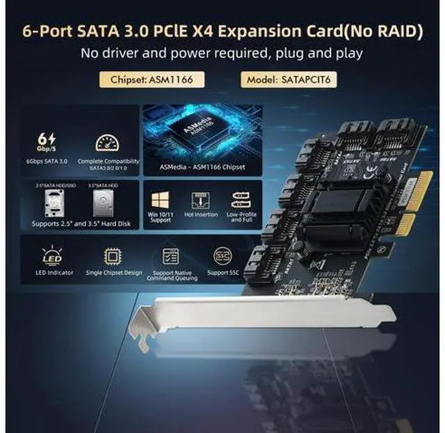 Alt view image 2 of 7 - PCIE X4 to SATA Card 6 Port, 6Gbps SATA 3.0 Binardat Controller, Includes 4 Cables and Low Profile Bracket, for Windows 10/11