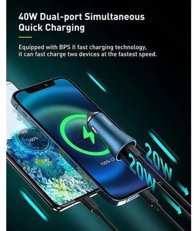 Alt view image 2 of 7 - USB C Car Charger Baseus 40W iPhone 13 Car Charger, PD&QC 3.0 Dual Port USB C Cigarette Lighter Car Charger Adapter with LED Display, Compatible with iPhone 13 Pro Max Mini 12 11 Galaxy S20 iPad-Blue