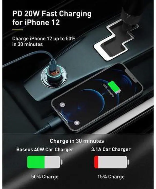 Alt view image 3 of 7 - USB C Car Charger Baseus 40W iPhone 13 Car Charger, PD&QC 3.0 Dual Port USB C Cigarette Lighter Car Charger Adapter with LED Display, Compatible with iPhone 13 Pro Max Mini 12 11 Galaxy S20 iPad-Blue