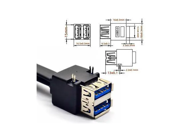 Alt view image 2 of 7 - Cable Stackable Dual Port USB 3.0 Female Type-A DIP Type to Motherboard 20Pin 19Pin Header Cable with Fixed Feet 50cm