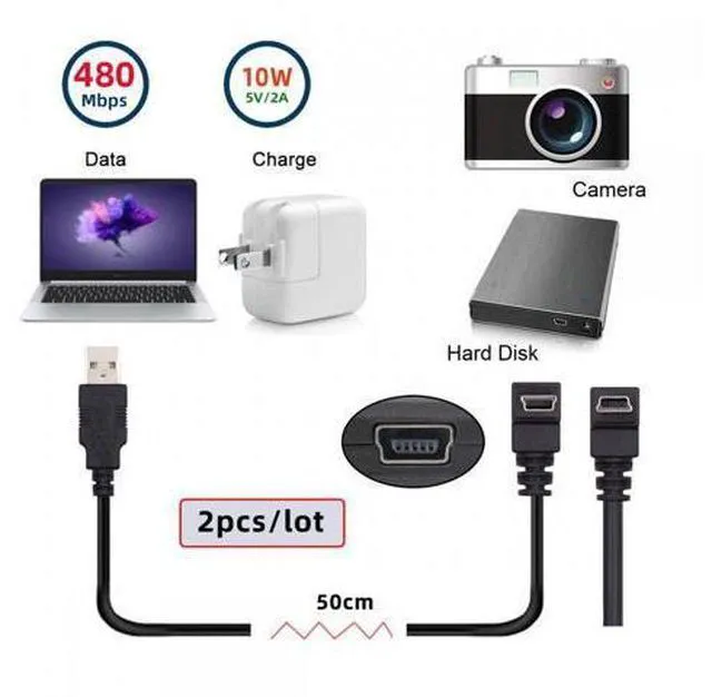 Alt view image 7 of 7 - Cable 2pcs/lot Down & Up Angled Mini USB B Type 5pin Male 90 Degree to USB 2.0 Male Power Data Cable 50cm