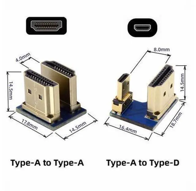 Alt view image 3 of 7 - 2pcs/set HDMI to Micro HDMI Type A to Type-D Male Connector Socket for Raspberry PI 3B/3B+/4B Opposite U Shape Back Angled