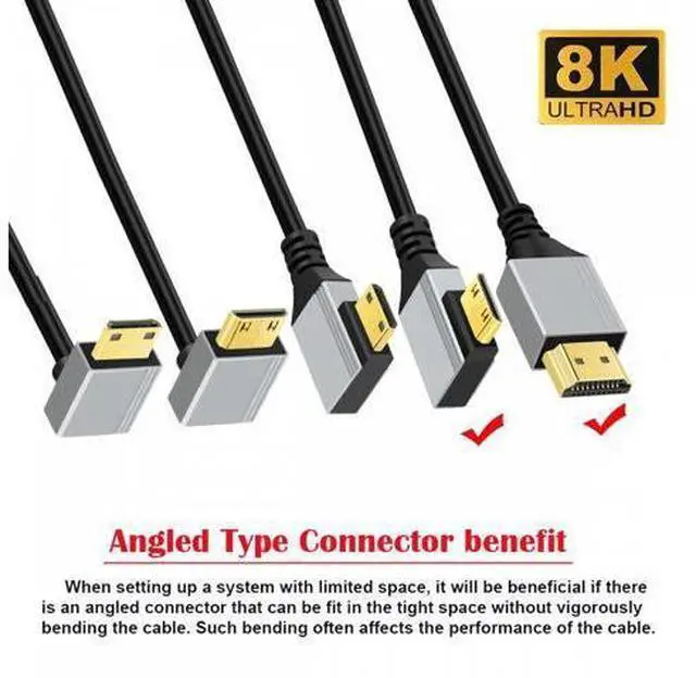 Alt view image 4 of 7 - 90 Degree Right Angled Mini HDMI 2.1 Ultra Thin HDTV Cable 8K 4K Hyper Super Flexible Slim Cord Type-A to Type-C for Camera HDTV