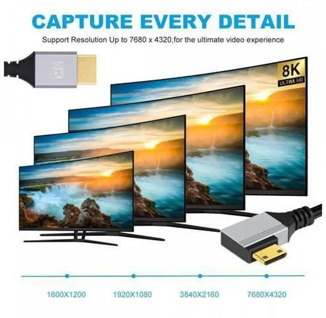 Alt view image 6 of 7 - 90 Degree Left Angled Mini HDMI 2.1 Ultra Thin HDTV Cable 8K 4K Hyper Super Flexible Slim Cord Type-A to Type-C for Camera HDTV