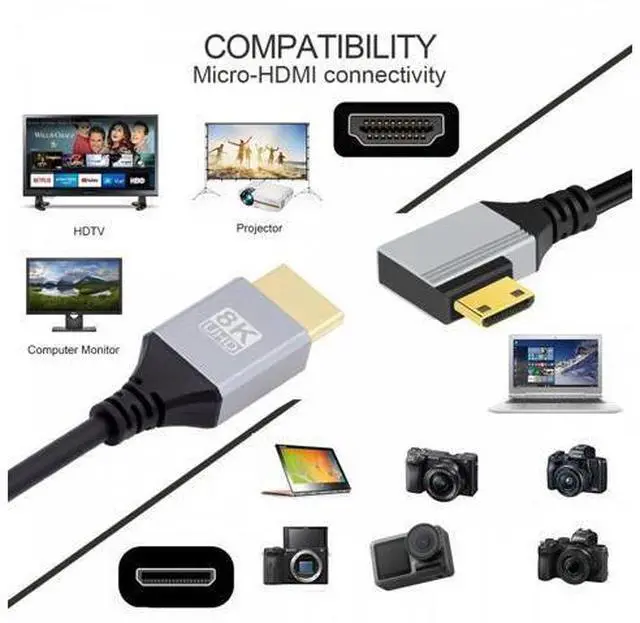 Alt view image 7 of 7 - 90 Degree Left Angled Mini HDMI 2.1 Ultra Thin HDTV Cable 8K 4K Hyper Super Flexible Slim Cord Type-A to Type-C for Camera HDTV