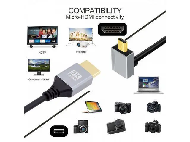 Alt view image 6 of 7 - 90 Degree Up Angled Micro HDMI 2.1 Ultra Thin HDTV Cable 8K 4K Hyper Super Flexible Slim Cord Type-A to Type-D for Camera HDTV
