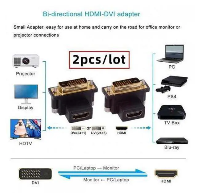 Alt view image 5 of 7 - 2pcs/lot Up & Down Angled 90 Degree DVI Male to HDMI Female 4K Adapter for Computer HDTV Graphics Card