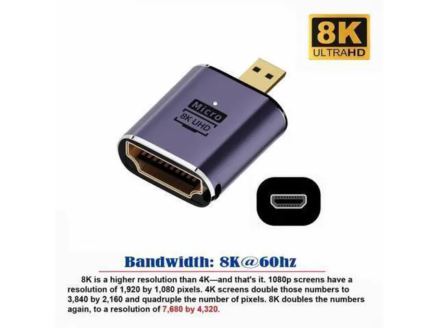 Alt view image 2 of 7 - Micro HDMI Male to HDMI 2.1 Female UHD Extension Gold Converter Adapter Support 8K 60hz HDTV